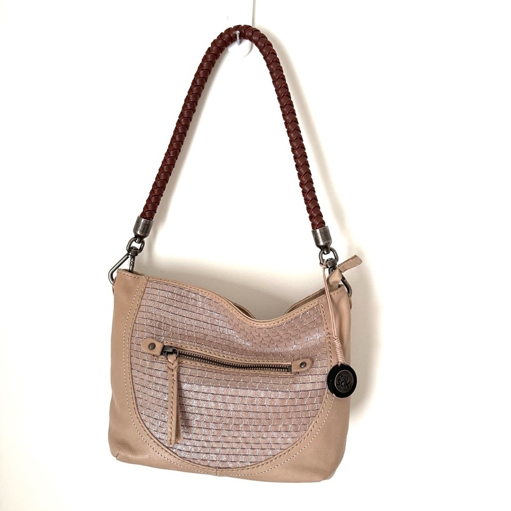 The Sak Tan Indio Leather Shoulder Bag with silver metallic panel